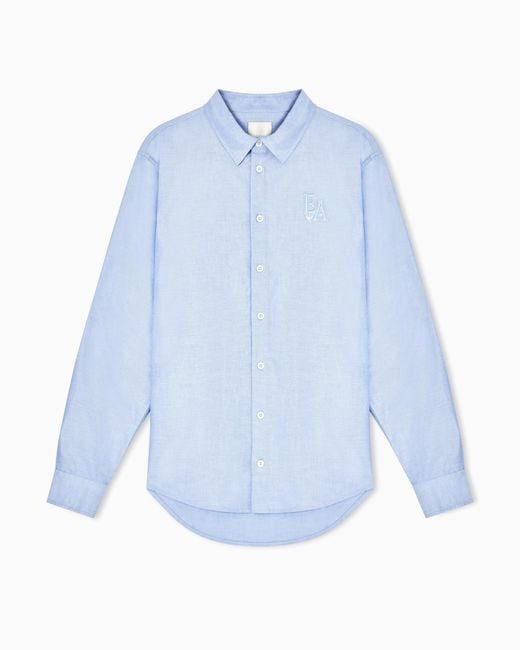 Emporio Armani Blue Eagle Club Cotton Oxford Shirt With Embroidery for men