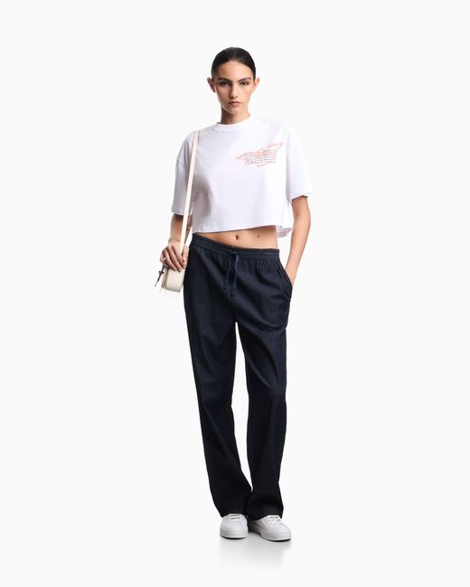 Emporio Armani White Cropped Jersey T-Shirt With Eagle Print