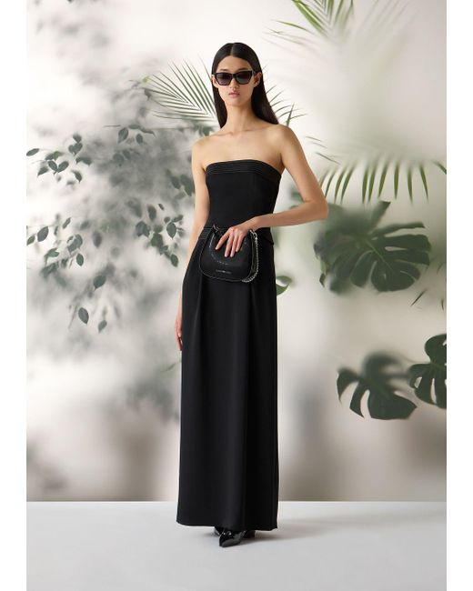 Emporio Armani Black Strapless Long Dress In Technical Crêpe With Quilted Details