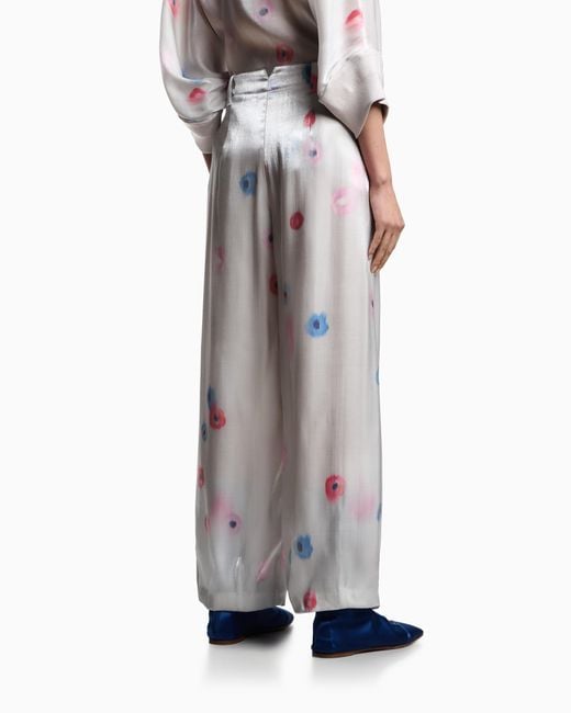 Emporio Armani White Fluid Viscose Trousers With Pleats And All-Over Floral Print