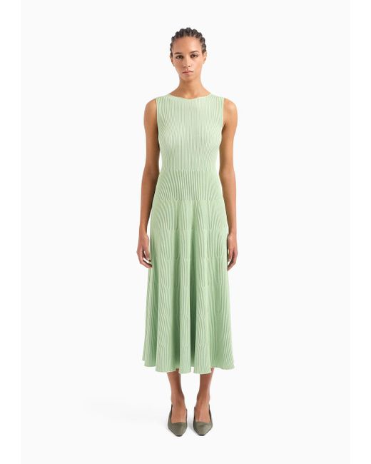 Emporio Armani Green Kleid Mit Ausgestelltem Saum Und Volant In Rippenstrick-verarbeitung