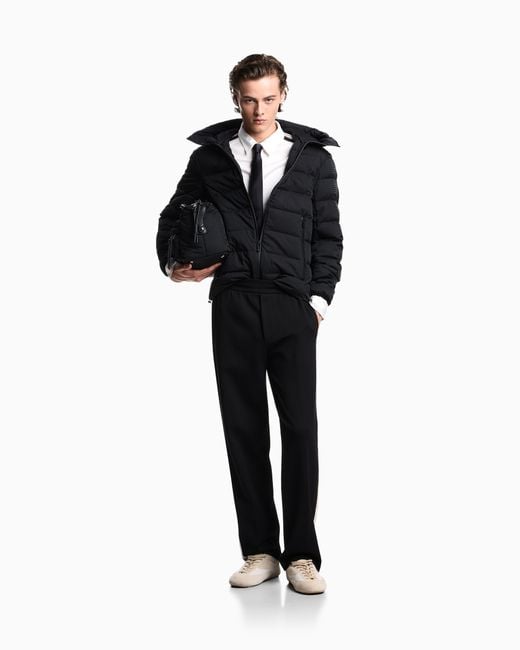 Emporio Armani Blue Hooded, Quilted-Nylon Down Jacket With Jacquard Logo Lettering for men