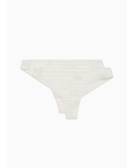 Emporio Armani White Asv Two-pack Of Recycled Bonded Mesh Brazilian Briefs With All-over Lettering