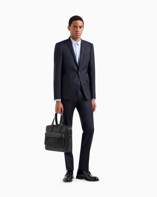 Emporio Armani Blue Slim Fit Virgin Wool Trousers With Crease Essential for men