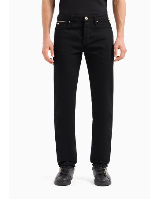 Emporio Armani Black J75 Slim-fit Stretch Denim Jeans With Gold Details for men
