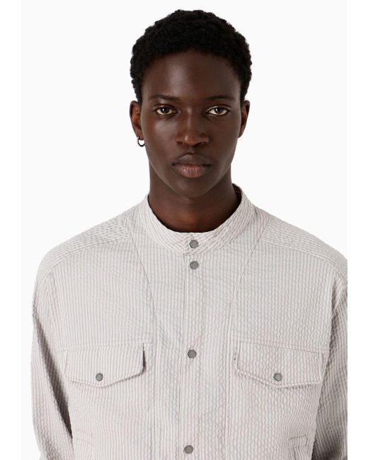 Emporio Armani White Shirt Jacket In Striped Seersucker Fabric for men