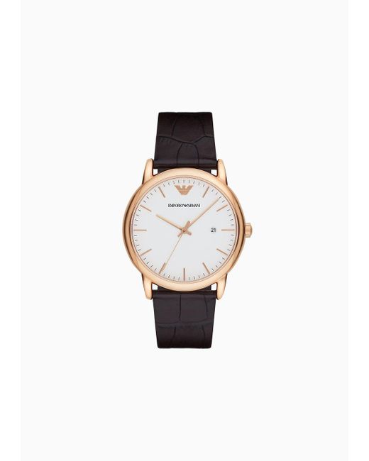 Emporio Armani White Three-hand Date Brown Leather Watch for men