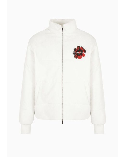 Emporio Armani White Nylon Quilted Jacket With Floral Jacquard Motif And Mon Amour Print for men