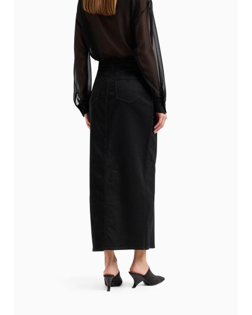 Emporio Armani Black Long Skirt With Slit In Worn-look Denim