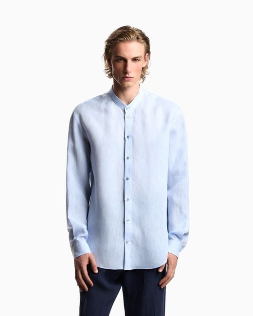 Emporio Armani Blue Pure Linen Shirt With Guru Collar for men