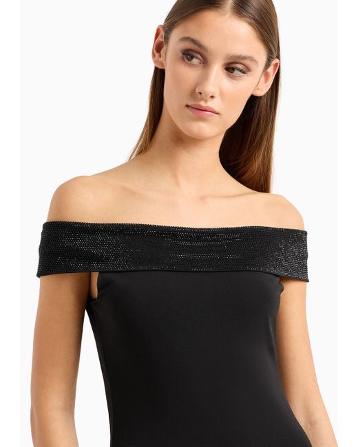 Emporio Armani Black Kleid Aus Elastischem Viskose-jersey Mit Strass Besetztem Ausschnitt