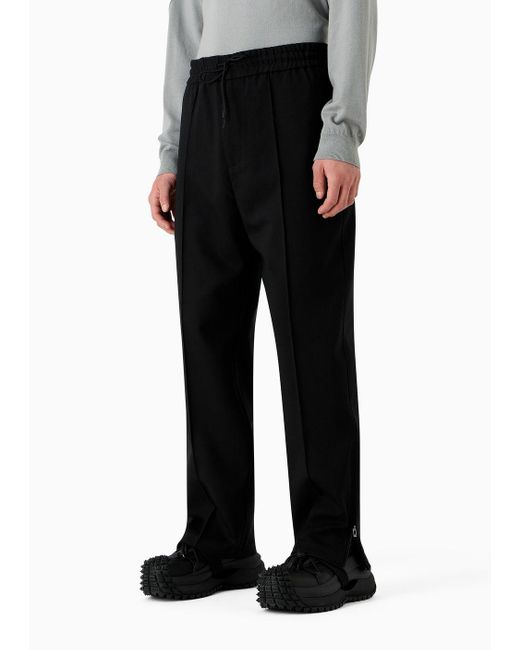Emporio Armani Black Wool-blend Drawstring Trousers With Veining for men