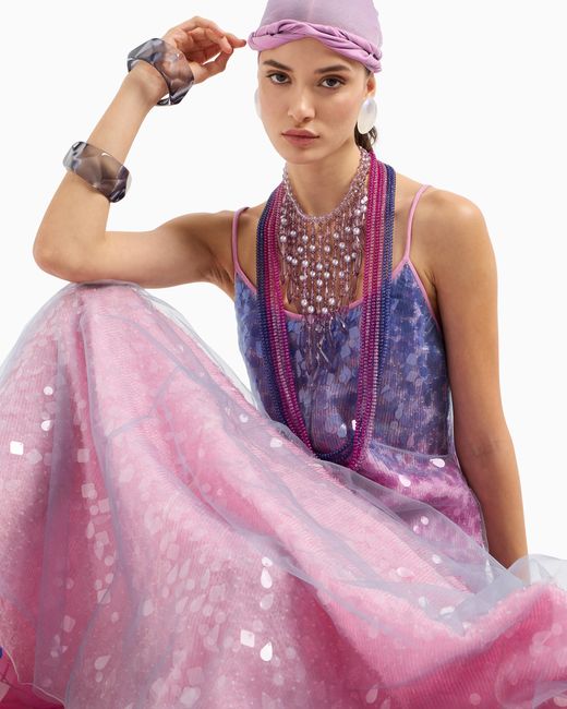 Emporio Armani Purple Silk Organza Dress With Gradient Shade Motif And All-Over Bead And Sequin Embroidery