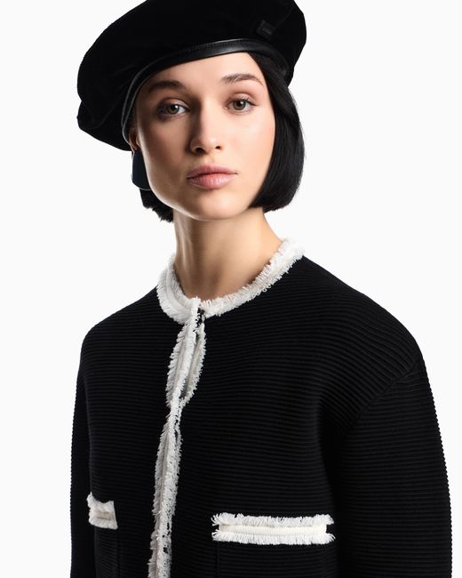 Emporio Armani Black Ottoman Fabric Jacket With Fringe Trims