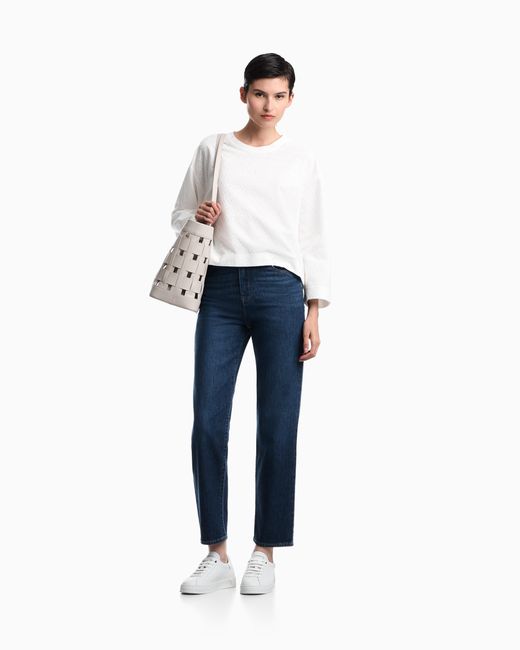 Emporio Armani White Crew Neck Cotton Jacquard Jumper With A Chevron Pattern