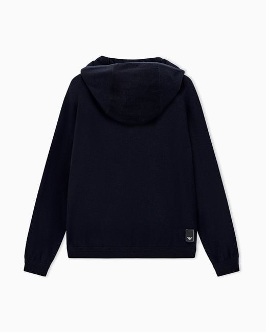 Emporio Armani Blue Travel Essential Virgin Wool Zip-Up Hoodie Cardigan for men