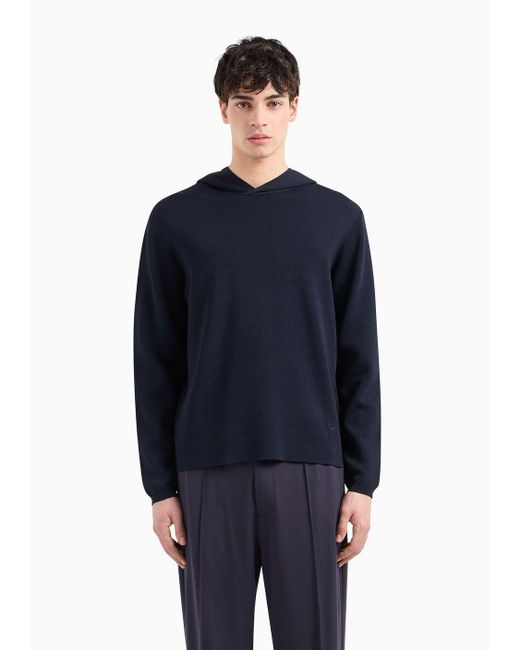 Emporio Armani Blue Oversized Hooded Jumper In A Plain-knit Viscose for men