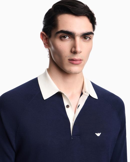 Emporio Armani Blue Plain-Knit Lyocell-Blend Jumper With Polo Shirt Collar for men
