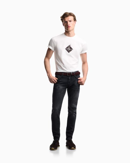 Emporio Armani Blue Five-Pocket Jeans Slim Fit Distressed With Paint Splatters for men
