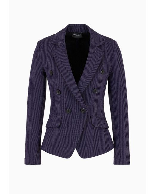 Emporio Armani Blue Jersey Double-breasted Jacket With Embossed Jacquard Chevron Motif