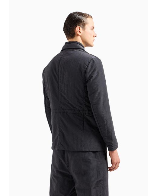 Emporio Armani Blue Single-breasted Jacket With Full-zip Detachable Inner Panel In Lightweight Nylon Seersucker for men
