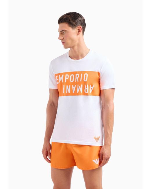 Emporio Armani White Beachwear T-shirt In Jersey With A Bold Logo Print for men