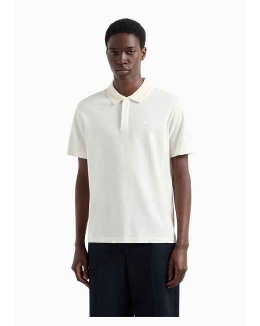 Emporio Armani White Jacquard Jersey Polo Shirt With Embossed Motif for men