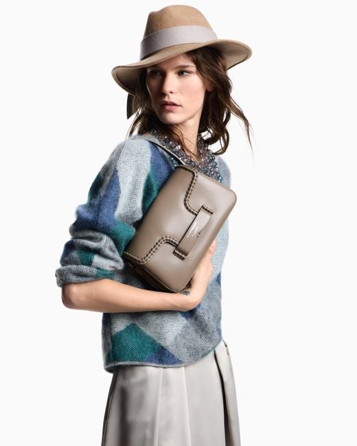 Emporio Armani Blue Pullover Mit U–Boot-Ausschnitt Aus Einer Woll-Mohair-Mischung Mit Allover-Muster