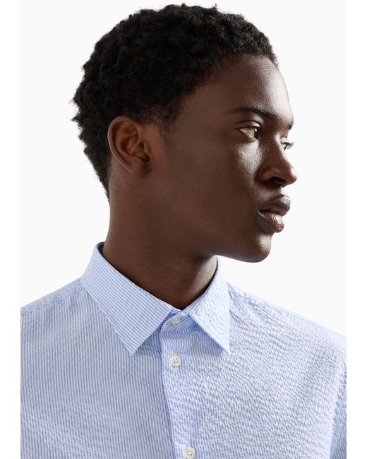 Emporio Armani Blue Cotton-seeksucker Shirt With Classic Collar for men