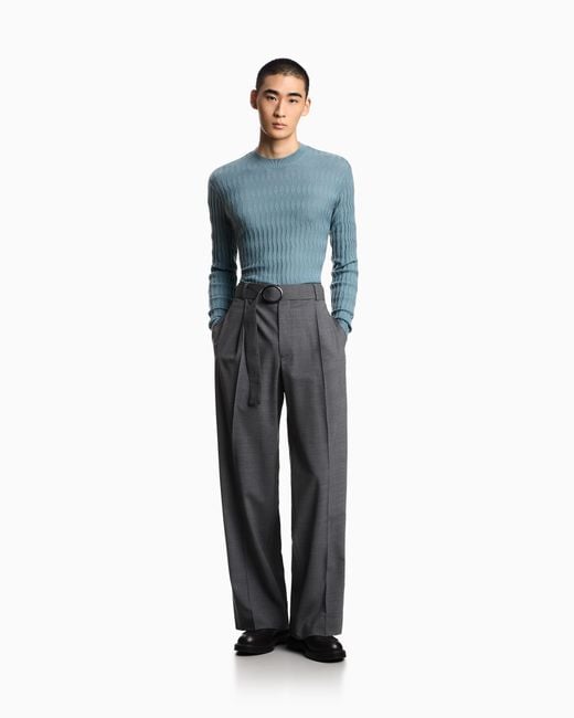 Emporio Armani Blue Diamond Stitch Virgin Wool Crewneck Sweater for men