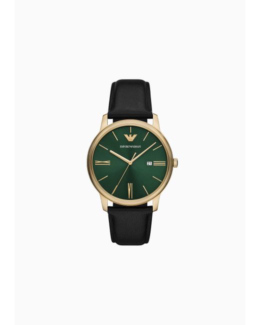 Emporio Armani Green Three-hand Date Black Leather Watch for men