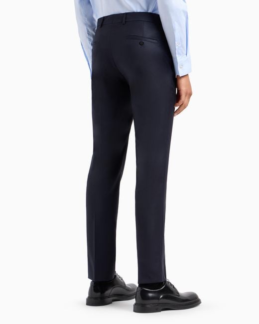 Emporio Armani Blue Slim Fit Virgin Wool Trousers With Crease Essential for men