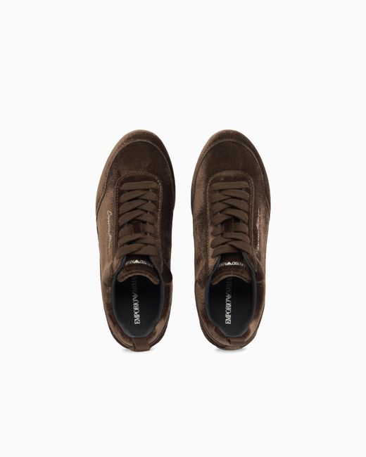 Emporio Armani Brown Velvet Low-Top Sneakers With An Embroidered Side Logo