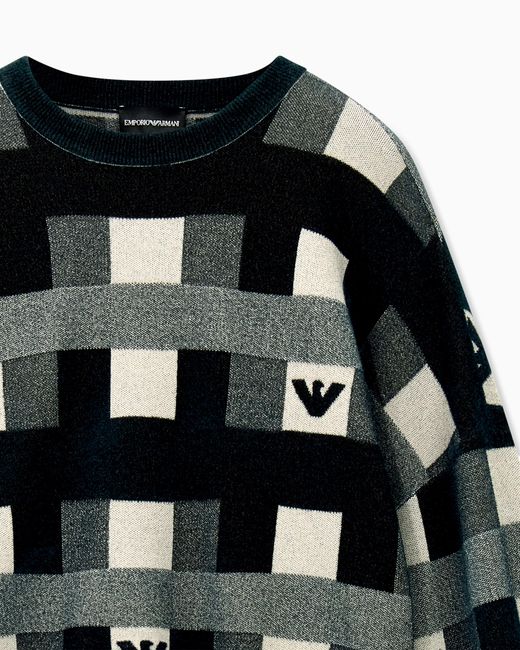 Emporio Armani Black Crew Neck Pullover With Checkered Inlay Graphic And Logo