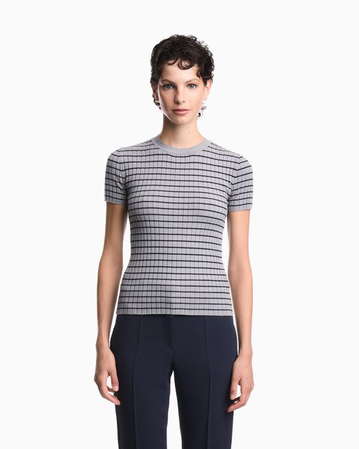 Emporio Armani Gray Crewneck Sweater With Short Sleeves And Striped Rib Motif