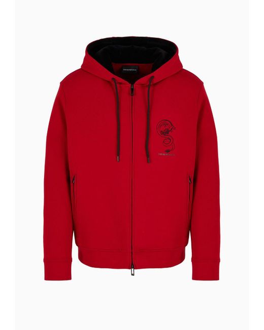 Emporio Armani Red Double-jersey Hooded Sweatshirt With Dragon Embroidery for men