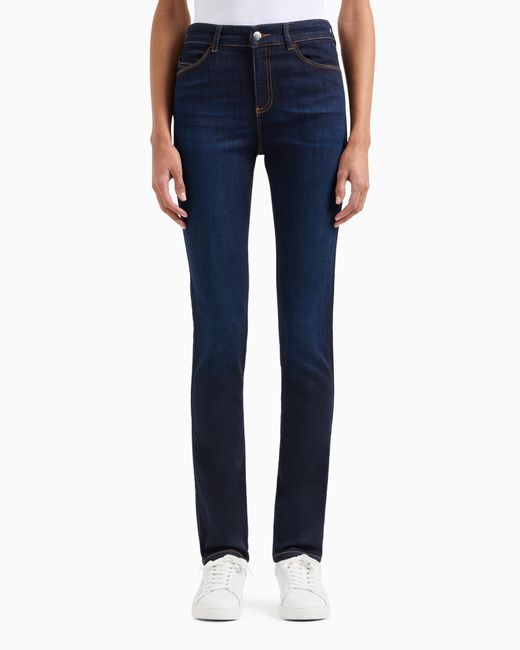 Vaqueros J18 De Cintura Alta Y Pernera Ceñida En Denim Lavado De Mezcla De Lyocell Emporio Armani de color Blue
