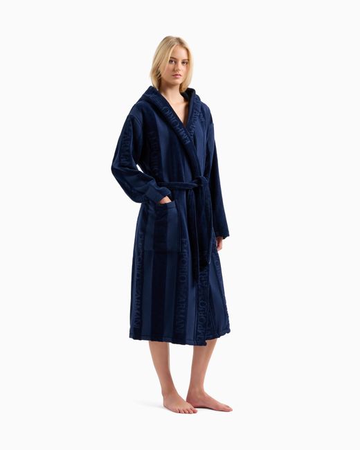 Emporio Armani Blue Striped Terrycloth Bathrobe With Logo