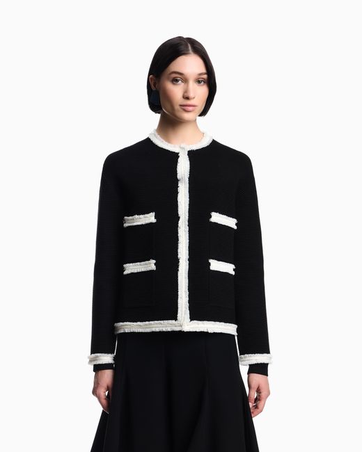Emporio Armani Black Ottoman Fabric Jacket With Fringe Trims
