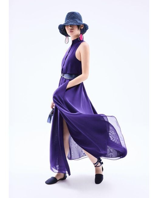 Emporio Armani Purple Long Dress In Georgette With Guru Collar And Flared Lines