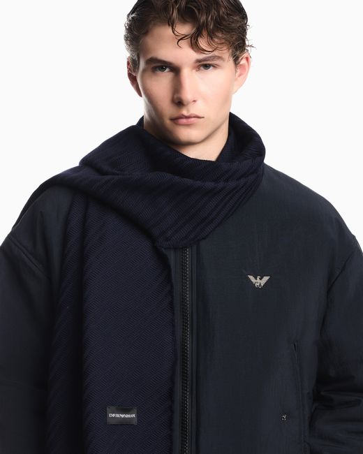 Emporio Armani Blue Virgin Wool Scarf With Herringbone Pattern And Fringe for men