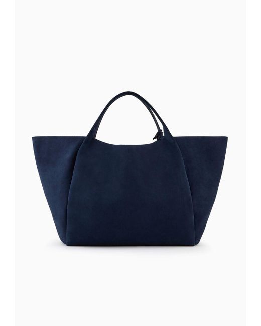 Emporio Armani Blue Split Cowhide Oversize Shopper Bag With Logo Charm