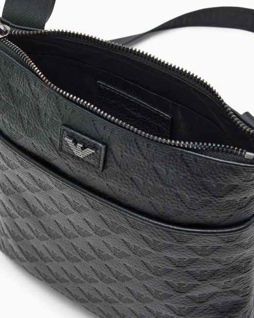 Emporio Armani Black Flat Leather Shoulder Bag With All-Over Embossed Eagle for men