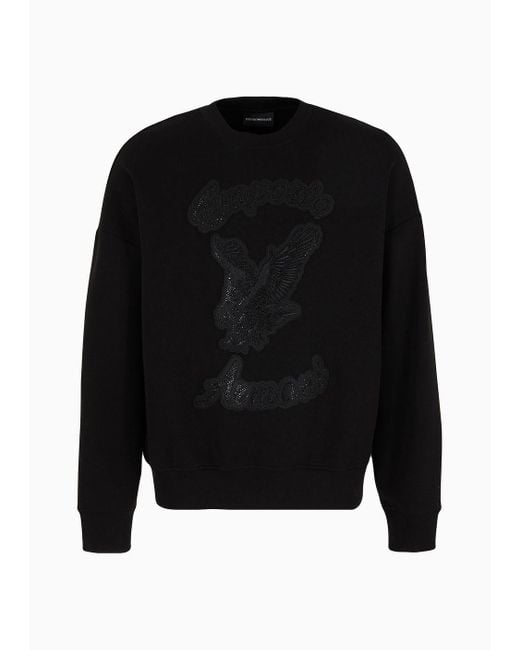 Emporio Armani Clubwear-sweatshirt In Oversize-passform Aus Doppellagigem Jersey Mit Patch Und Strassstickerei in Black für Herren
