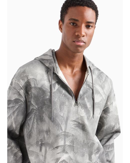 Emporio Armani Gray Oversized Sweatshirt In Double Jersey With Hood And All-over Print for men