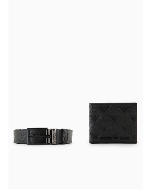 Emporio Armani Black Gift Box With Leather Wallet And Belt With All-over Embossed Eagle for men
