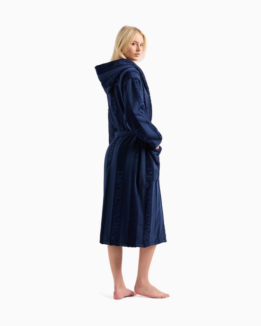 Emporio Armani Blue Striped Terrycloth Bathrobe With Logo