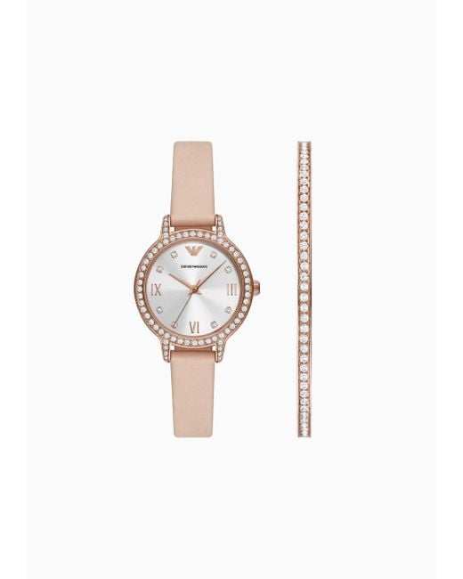 Emporio Armani White Three-hand Pink Leather Watch And Bracelet Set