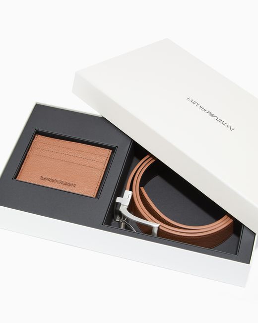 Emporio Armani Geschenkset Aus Gürtel Und Kartenetui Aus Getrommeltem Leder in White für Herren