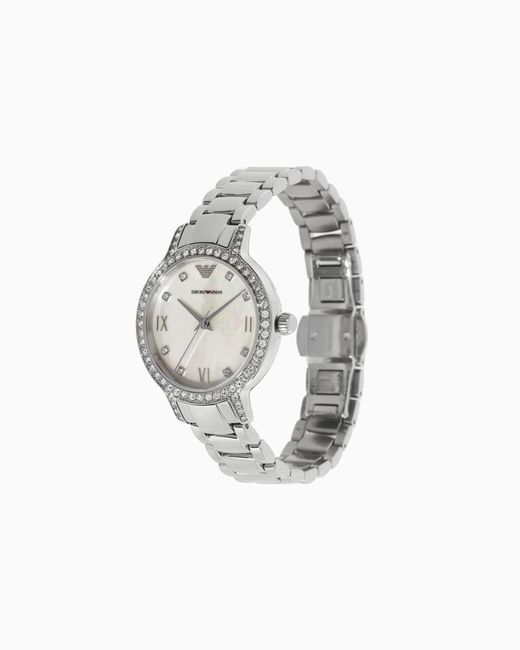 Emporio Armani White Three-Hand Stainless Steel Watch